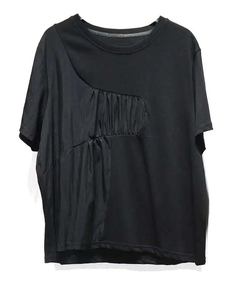 Women White Pleated Spliced Big Size Casual T-shirt New Round Neck Short Sleeve Fashion Tide Spring Summer 2025 1DJ0615