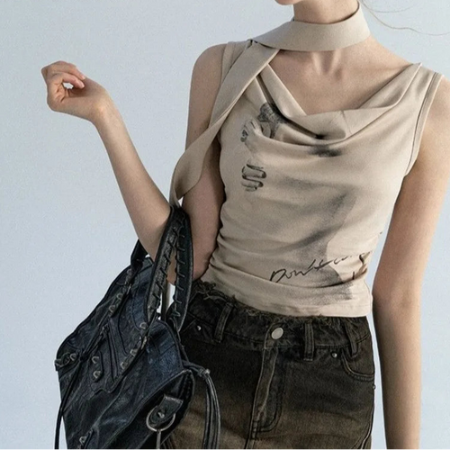 Load image into Gallery viewer, Woman Tshirts Print Tunic Sleeve Tees Crop Tops 2023 Ropa Mujer Fashion Summer Y2k T Shirt Korean Sexy Sleeveless Folds T-shirt
