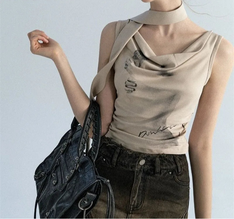 Woman Tshirts Print Tunic Sleeve Tees Crop Tops 2023 Ropa Mujer Fashion Summer Y2k T Shirt Korean Sexy Sleeveless Folds T-shirt