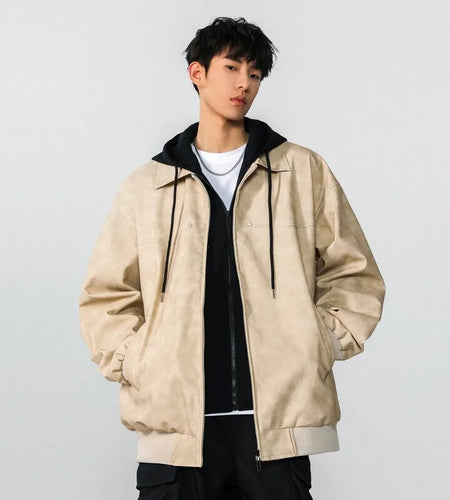 Men Jacket Spring New High Street Contrast Color Fake Two Pieces Hooded Drawstring Solid Color Jackets American Coat 9W1237