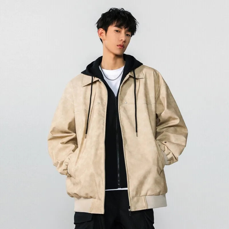 Men Jacket Spring New High Street Contrast Color Fake Two Pieces Hooded Drawstring Solid Color Jackets American Coat 9W1237
