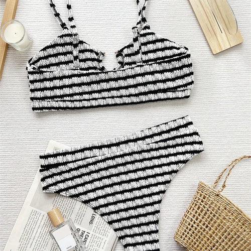 Load image into Gallery viewer, Black White Striped Swimwear Rings Bikini Sets 2024 Sexy Women Swimsuit High Waist Biquini Hollow Out Bathing Suit
