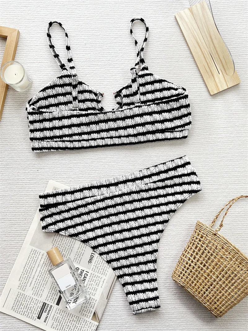 Black White Striped Swimwear Rings Bikini Sets 2024 Sexy Women Swimsuit High Waist Biquini Hollow Out Bathing Suit