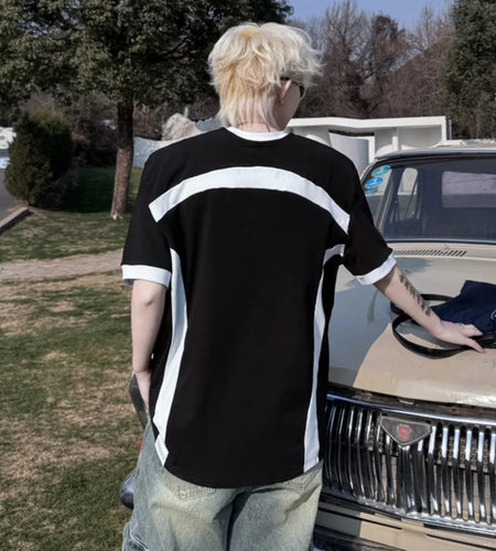 Summer Male T-shirts Round Neck Splicing Contrast Color Nail Bead Decoration Men's Short Sleeve Men's T-shirt 9W1499