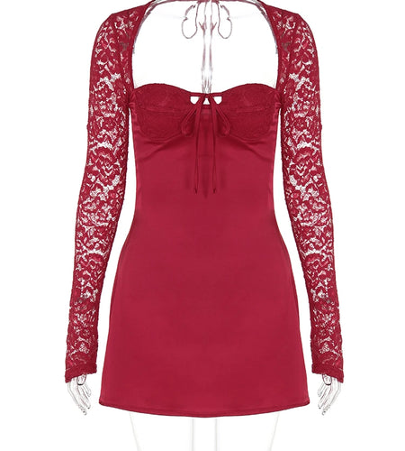 Elegant Satin Red Square Collar Mesh Long Sleeve Backless Lace Up Sexy Mini Dress Women Outfits Birthday Party Festival