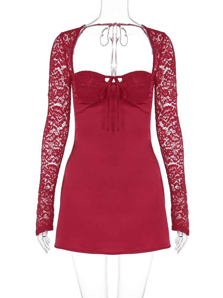 Elegant Satin Red Square Collar Mesh Long Sleeve Backless Lace Up Sexy Mini Dress Women Outfits Birthday Party Festival