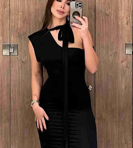 Elegant Sleeveless Irregular Tie Dress for Women, High End, Slim, Lace Up, Single Sleeve, Split, Summer, New, 2024