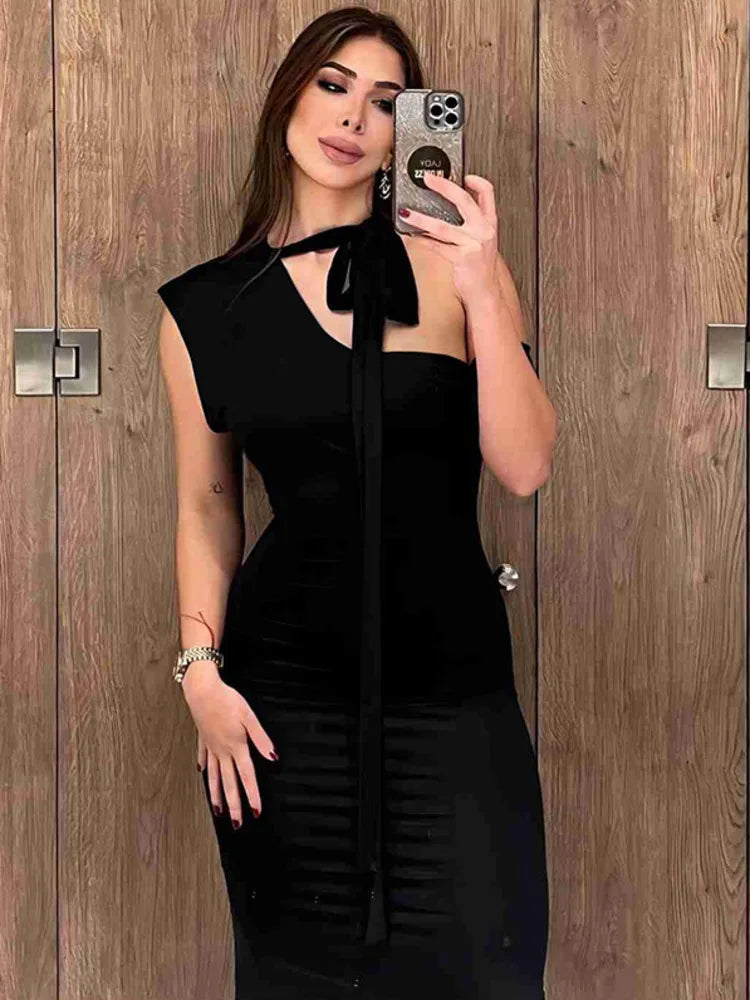 Elegant Sleeveless Irregular Tie Dress for Women, High End, Slim, Lace Up, Single Sleeve, Split, Summer, New, 2024