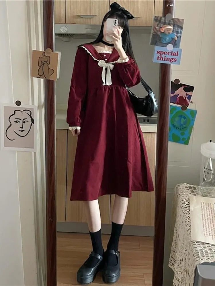Vintage Preppy Style School Student Dress Red Japanese Harajuku Korean Kpop Sailor Collar Long Sleeve Dresses Autumn