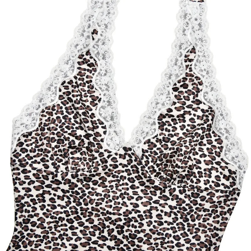 Leopard Print Backless Sexy Mini Dress For Woman Robe Contrast Color Halter Deep V Neck Sleeveless A-line Club Dress