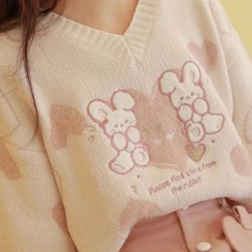 Load image into Gallery viewer, Harajuku Y2k Women Sweater Preppy Style Cute Rabbit Embroidery V-neck Knitted Jumper Top Sweet Pullover Sueter Mujer
