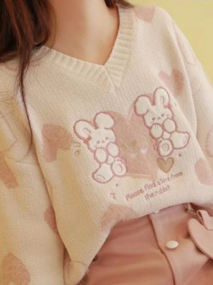 Harajuku Y2k Women Sweater Preppy Style Cute Rabbit Embroidery V-neck Knitted Jumper Top Sweet Pullover Sueter Mujer
