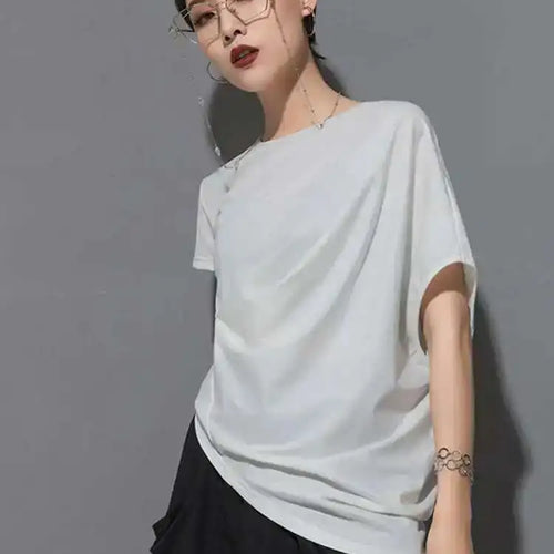 Load image into Gallery viewer, Women Black Asymmetric Pleated Big Size T-shirt New Round Neck Batwing Sleeve Fashion Tide Spring Summer 2025 1DF4667
