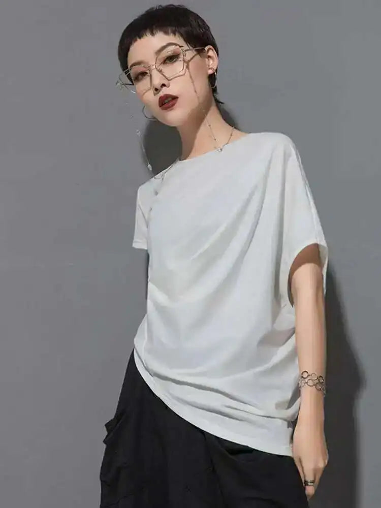 Women Black Asymmetric Pleated Big Size T-shirt New Round Neck Batwing Sleeve Fashion Tide Spring Summer 2025 1DF4667