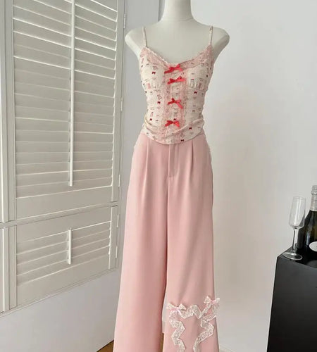 Summer Women Pink Print Patchwork Lace Elegant Sexy Holiday Sleeveless Bow Tops And High Waist  Wide Leg Pant Two Piece Set 2025