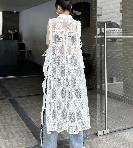 Women White Lace Perspective Ruffles Big Size Shirt Dress New Lapel Sleeveless Fashion Tide Spring Summer 2025 1DH6069