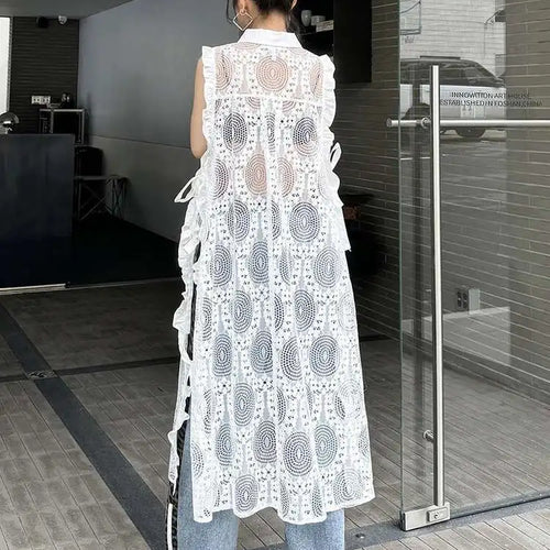 Load image into Gallery viewer, Women White Lace Perspective Ruffles Big Size Shirt Dress New Lapel Sleeveless Fashion Tide Spring Summer 2025 1DH6069
