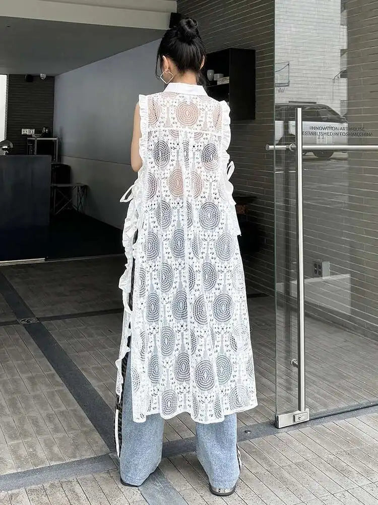 Women White Lace Perspective Ruffles Big Size Shirt Dress New Lapel Sleeveless Fashion Tide Spring Summer 2025 1DH6069