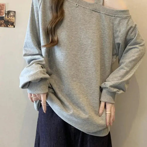 Load image into Gallery viewer, Korean Version Casual Women's Autumn Winter New Grey Versatile Long Sleeved Cotton Tops Black Off Shoulder Velvet Sweatershirt
