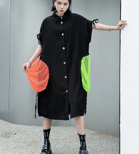 Women Black Color-block Grid Pocket Big Size Shirt Dress New Lapel Short Sleeve Fashion Tide Spring Summer 2025 1DJ1332
