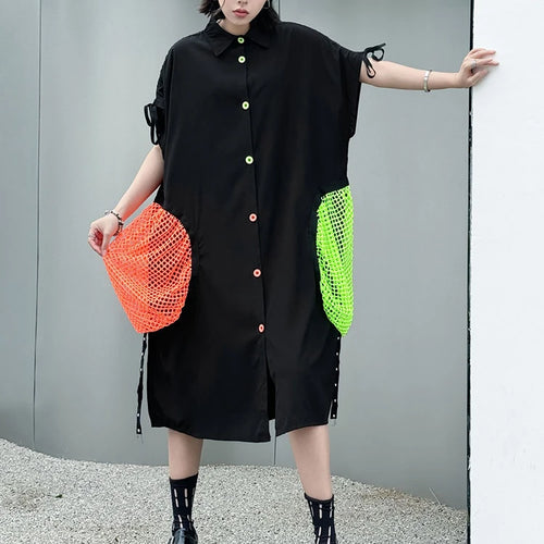 Load image into Gallery viewer, Women Black Color-block Grid Pocket Big Size Shirt Dress New Lapel Short Sleeve Fashion Tide Spring Summer 2025 1DJ1332
