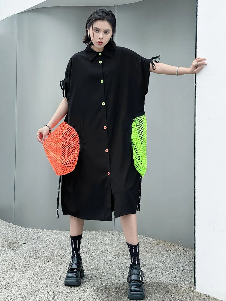 Women Black Color-block Grid Pocket Big Size Shirt Dress New Lapel Short Sleeve Fashion Tide Spring Summer 2025 1DJ1332