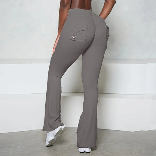 Load image into Gallery viewer, Nude Pocket Button Flare Leggings High Waist Wide Leg Yoga Pant Women Gym Fitness Sport Latin Dance Trousers Active Bottoms
