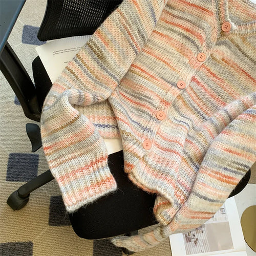 Load image into Gallery viewer, Autumn Winter Beige Stripes Gradient Long Sleeved Short Sweater Women's O-neck Single Breasted Knit Pullover Tops 2024 Thick New
