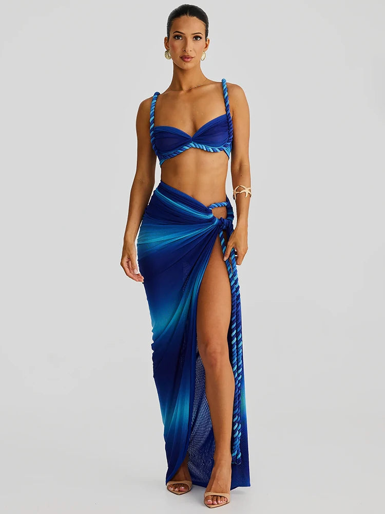 Summer Beach Sexy Two Piece Sets Women Strapless Crop Tops And Maxi Skirt Female Elegant Vacation Club 2 Piece Set