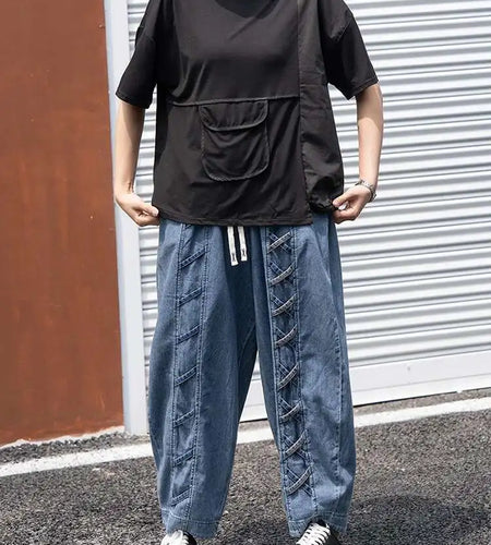 Women Black Pocket Irregular Spliced Big Size T-shirt New Round Neck Short Sleeve Fashion Tide Spring Summer 2025 1DJ0621