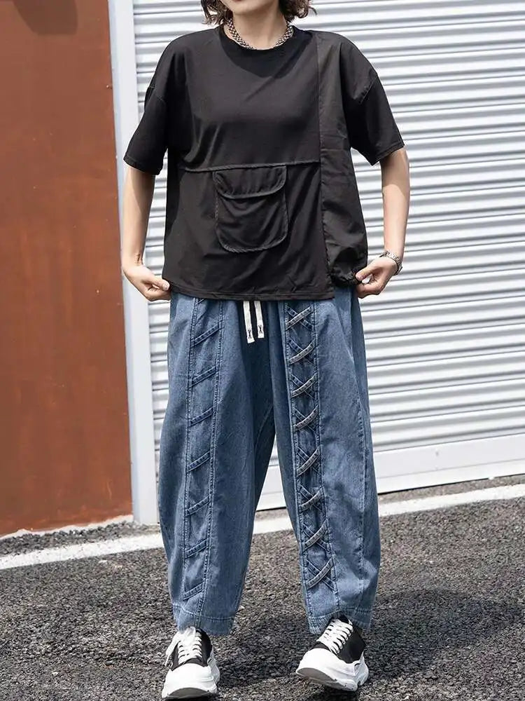 Women Black Pocket Irregular Spliced Big Size T-shirt New Round Neck Short Sleeve Fashion Tide Spring Summer 2025 1DJ0621