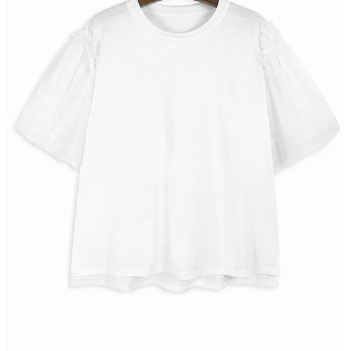 Load image into Gallery viewer, Women Apricot Mesh Spliced Big Size Elegant T-shirt New Round Neck Short Puff Sleeve Fashion Spring Summer 20251DJ0891
