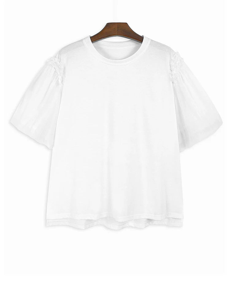 Women Apricot Mesh Spliced Big Size Elegant T-shirt New Round Neck Short Puff Sleeve Fashion Spring Summer 20251DJ0891