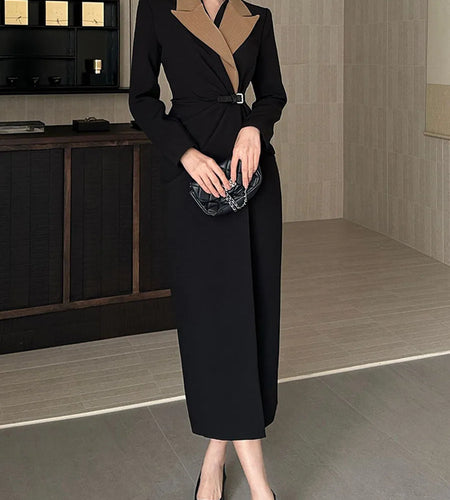 Slimming Spliced Folds Fashion Blazer Dresses for Women Lapel Long Sleeves Temperament Dress Female Clothing New