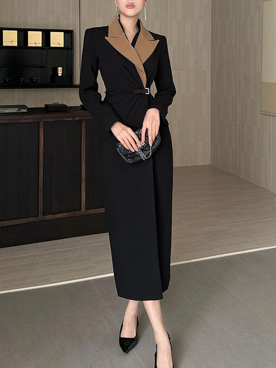 Slimming Spliced Folds Fashion Blazer Dresses for Women Lapel Long Sleeves Temperament Dress Female Clothing New