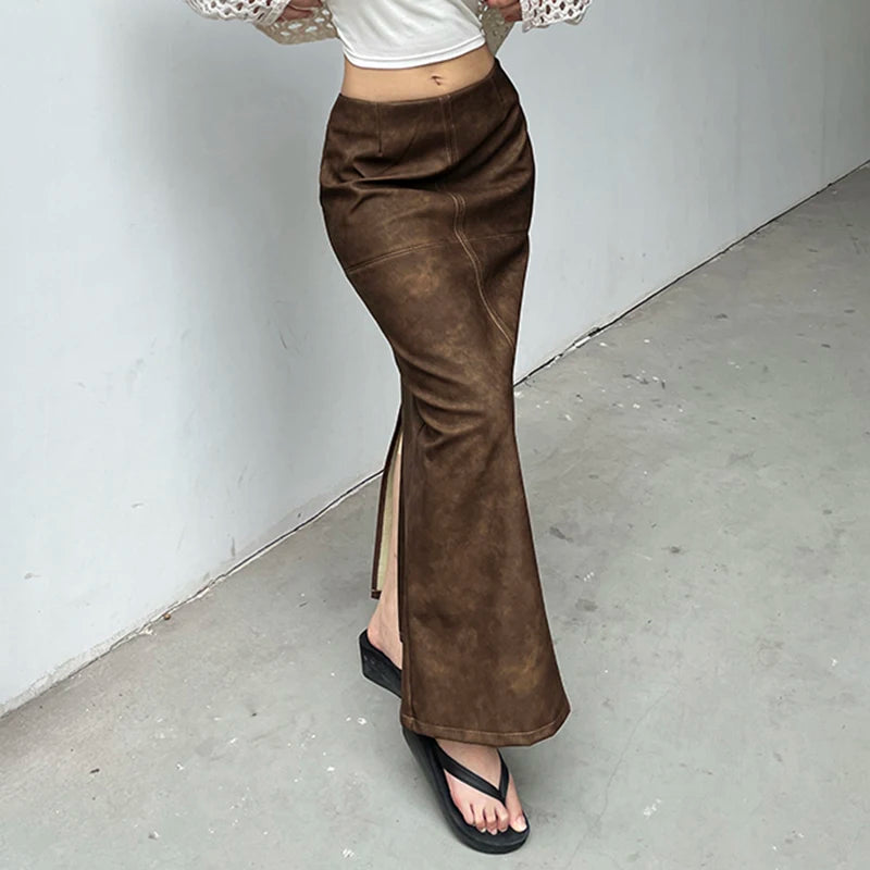 Fashion Brown Elegant Low Rise Leather Skirt Women Streetwear Clubwear Party Long Skirt Slit Autumn Vintage Clothing