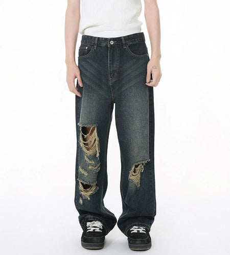 Niche Design Men's Denim Pants Solid Color Holes Worn-out Tassel Decoration Wide Leg Casual Male Straight Bottom New 9W1266