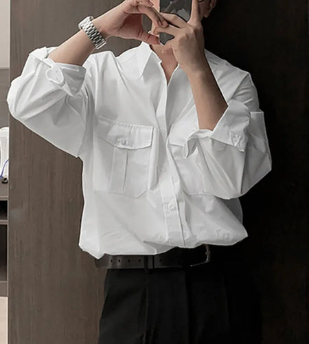 Big Pcoket Deisgn Men's Shirts Turn-down Collar Single Breasted Solid Color Casual Tops Long Sleeved Male Shirt New 9W1224