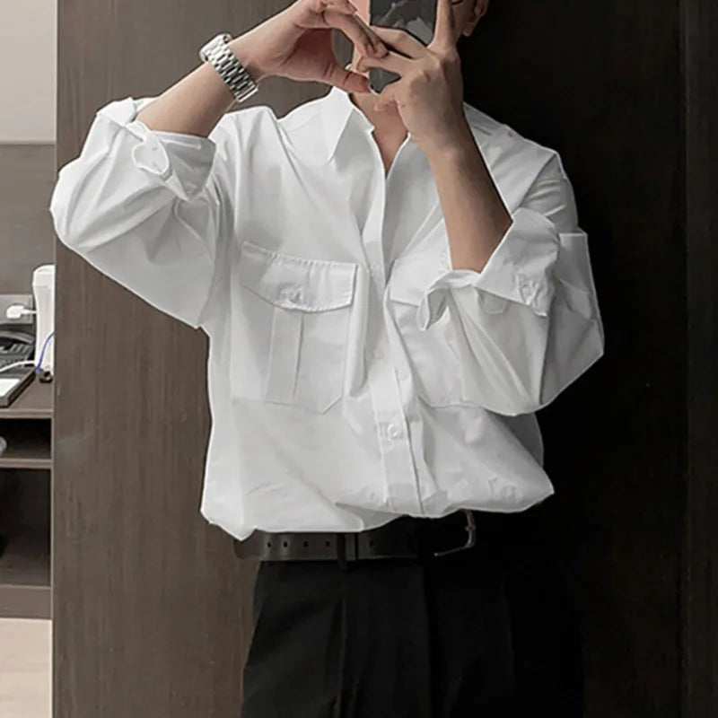 Big Pcoket Deisgn Men's Shirts Turn-down Collar Single Breasted Solid Color Casual Tops Long Sleeved Male Shirt New 9W1224