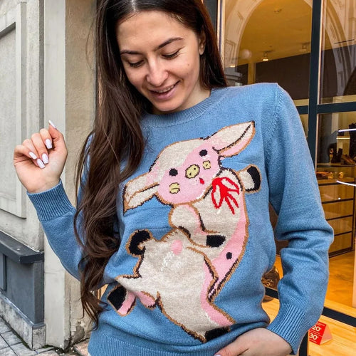 Load image into Gallery viewer, Runway Jacquard Knitted Pullover Blue Cute Pig Pattern Sweet  Fashion Jumper C-075
