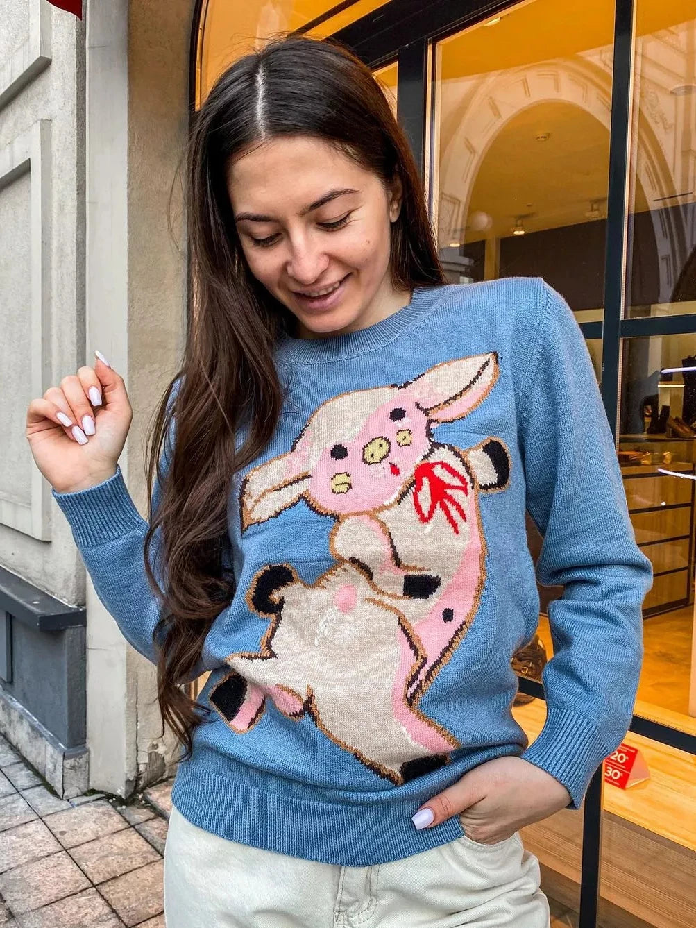 Runway Jacquard Knitted Pullover Blue Cute Pig Pattern Sweet  Fashion Jumper C-075