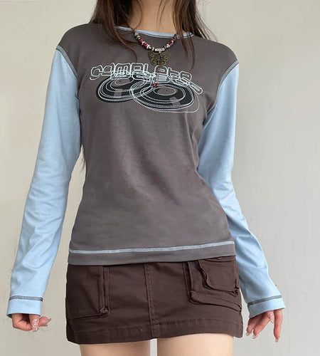 Harajuku Letter Printed Autumn T Shirt Women Line Stitching Casual Pullover Top Contrast Preppy Style Sweats Outfits