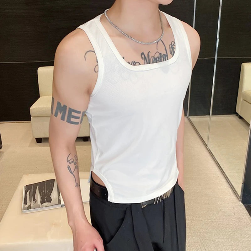 Tight Tank Top Trend Summer Personalized Square Neck Short Sleeveless Menwear Soild Color Vest Casual Clothes 9C5243