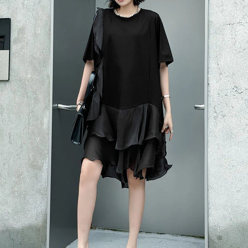 Load image into Gallery viewer, Women Black Ruffles Irregular Big Size Mini Dress New Round Neck Short Sleeve Fashion Tide Spring Summer 2025 1DJ1365

