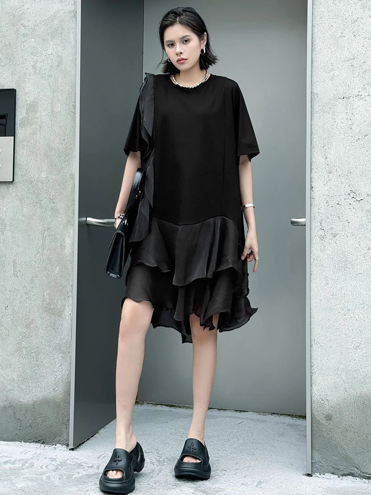 Women Black Ruffles Irregular Big Size Mini Dress New Round Neck Short Sleeve Fashion Tide Spring Summer 2025 1DJ1365