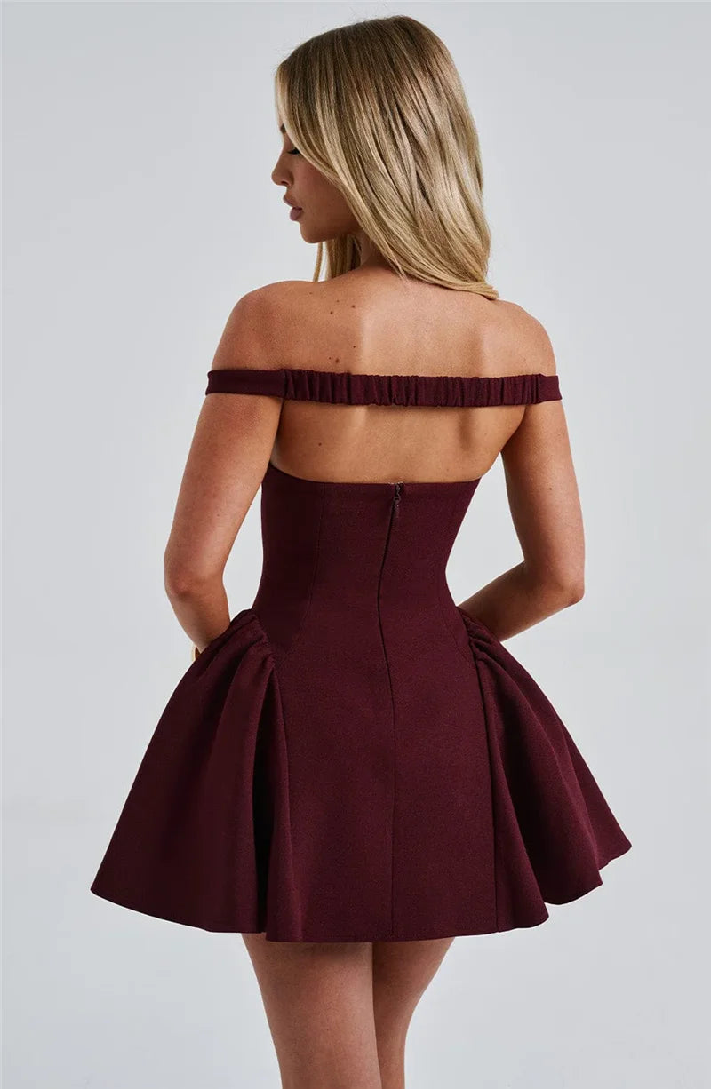 Off-shoulder Backless Sexy Mini Dress For Women Wine Red Sleeveless Strapless High Waist A-line Club Party Sexy Dress