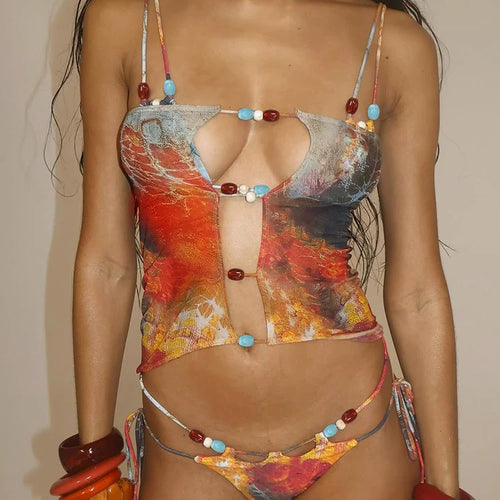 Load image into Gallery viewer, Slim Pearls Patchwork Bikini 3 Piece Set Women Sexy Colorful Bra Tops+Shirring Briefs+Hollow Skirts Beach Style Swimsuits
