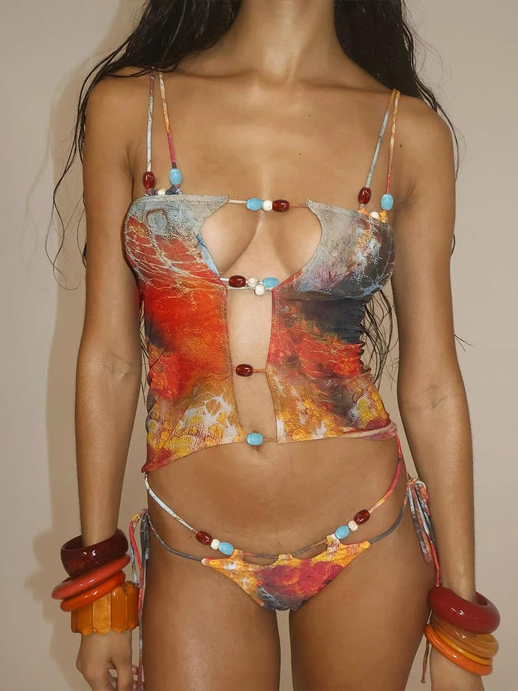 Slim Pearls Patchwork Bikini 3 Piece Set Women Sexy Colorful Bra Tops+Shirring Briefs+Hollow Skirts Beach Style Swimsuits