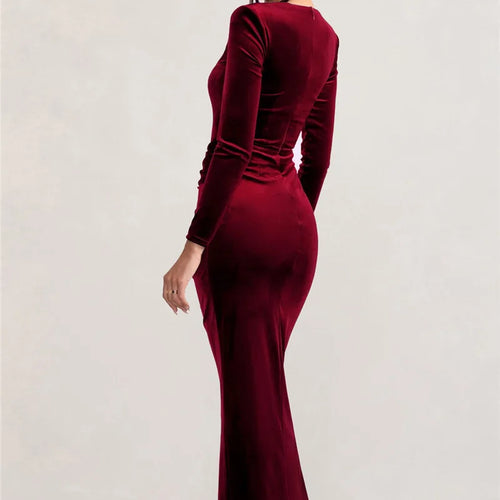 Load image into Gallery viewer, Square Collar Long Sleeve Sexy Maxi Dress For Women Velvet Fashion Ruched Split Bodycon Club Party Elegant Long Dress
