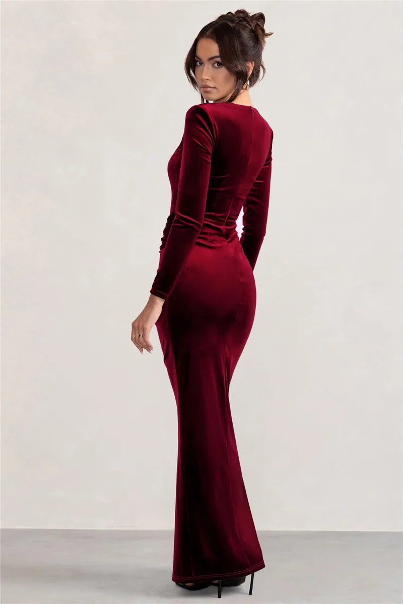 Square Collar Long Sleeve Sexy Maxi Dress For Women Velvet Fashion Ruched Split Bodycon Club Party Elegant Long Dress